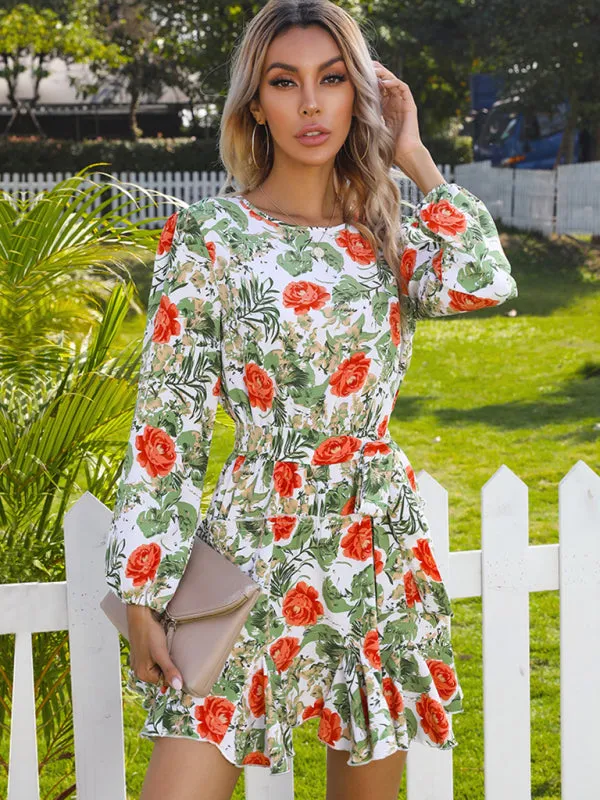 Floral Print Mini Dress with Ruffled Hem and Belted Waist