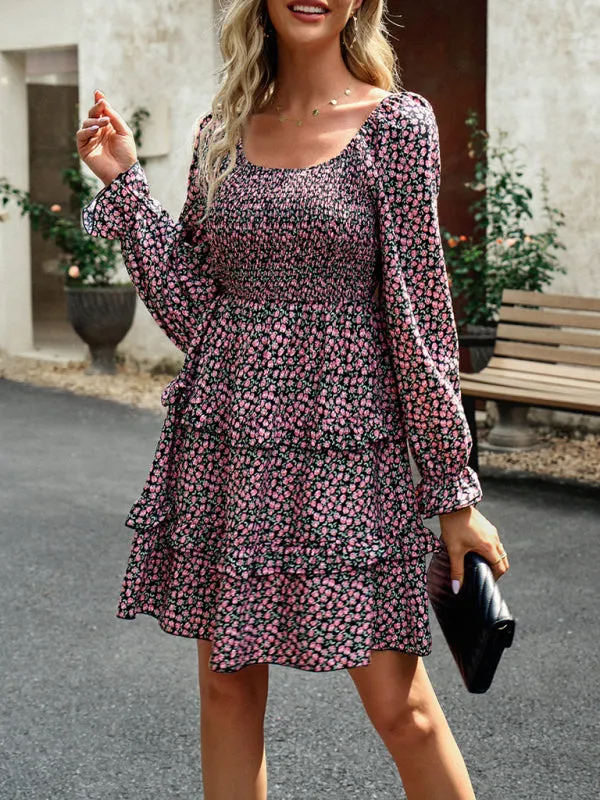 Floral Print Mini Dress with Smocked Bodice and Tiered Ruffles