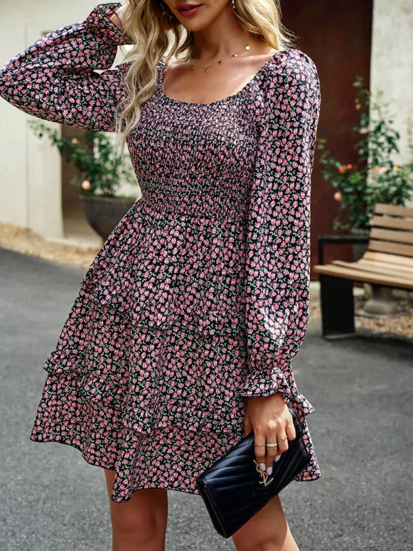 Floral Print Mini Dress with Smocked Bodice and Tiered Ruffles