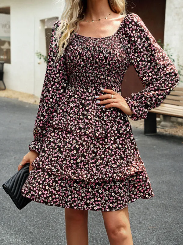 Floral Print Mini Dress with Smocked Bodice and Tiered Ruffles