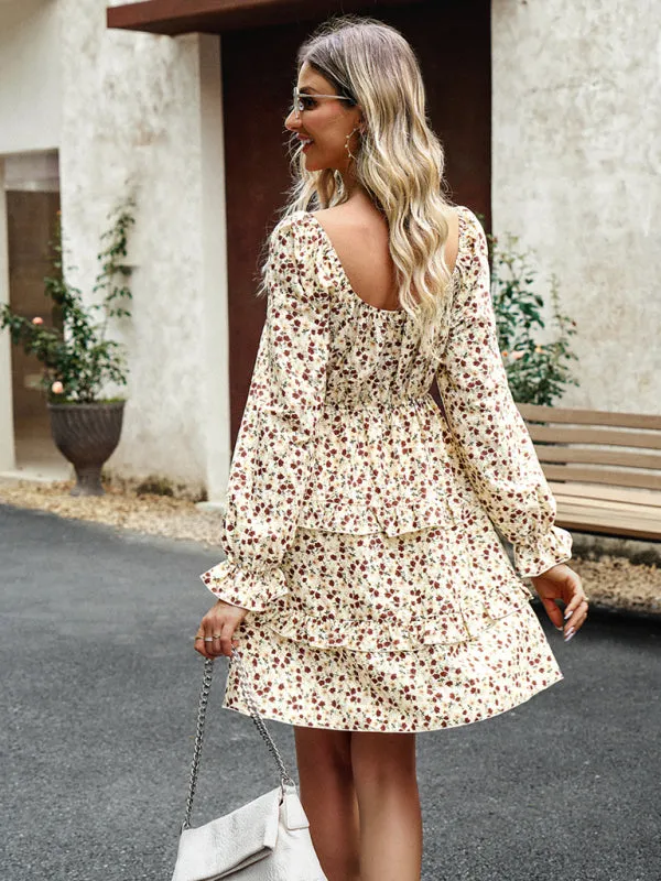 Floral Print Mini Dress with Smocked Bodice and Tiered Ruffles
