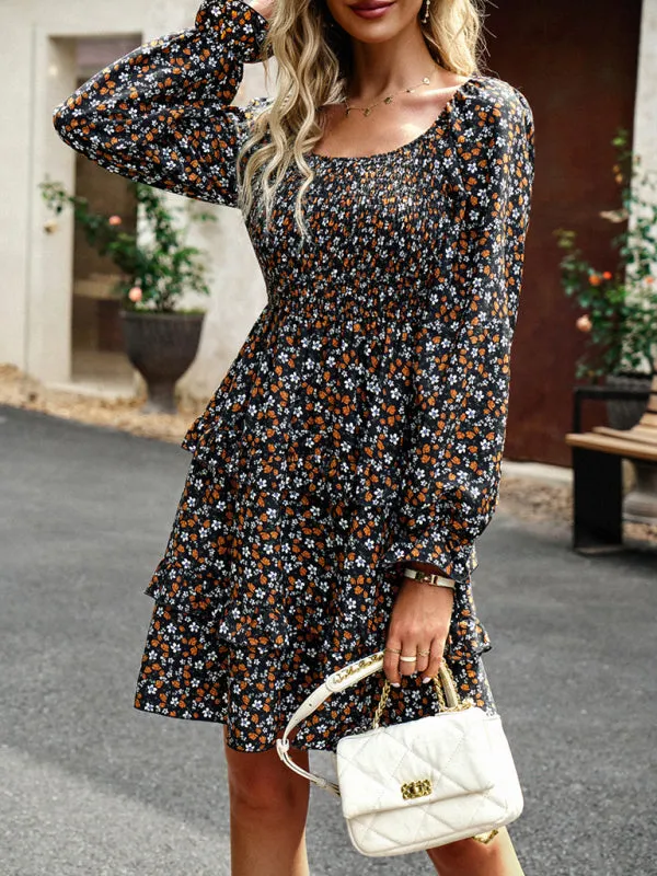 Floral Print Mini Dress with Smocked Bodice and Tiered Ruffles