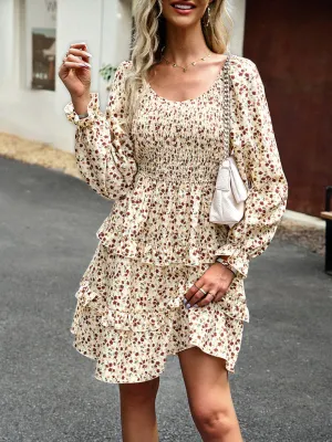 Floral Print Mini Dress with Smocked Bodice and Tiered Ruffles