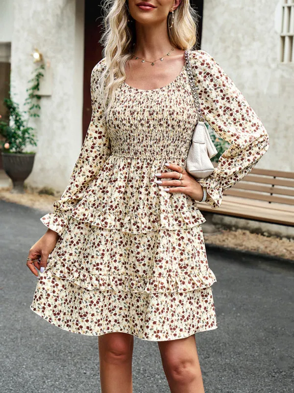 Floral Print Mini Dress with Smocked Bodice and Tiered Ruffles
