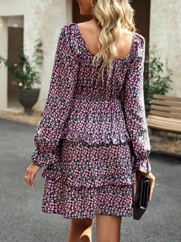 Floral Print Mini Dress with Smocked Bodice and Tiered Ruffles