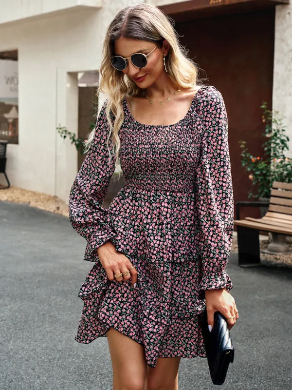 Floral Print Mini Dress with Smocked Bodice and Tiered Ruffles