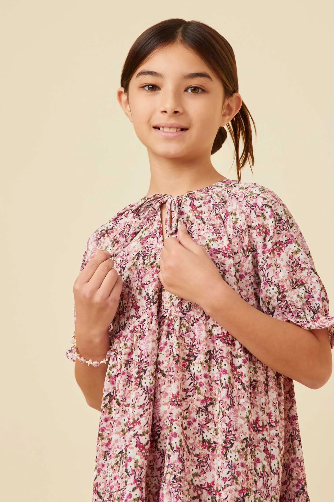 Floral Print Tie Neck Cinch Sleeve Dress