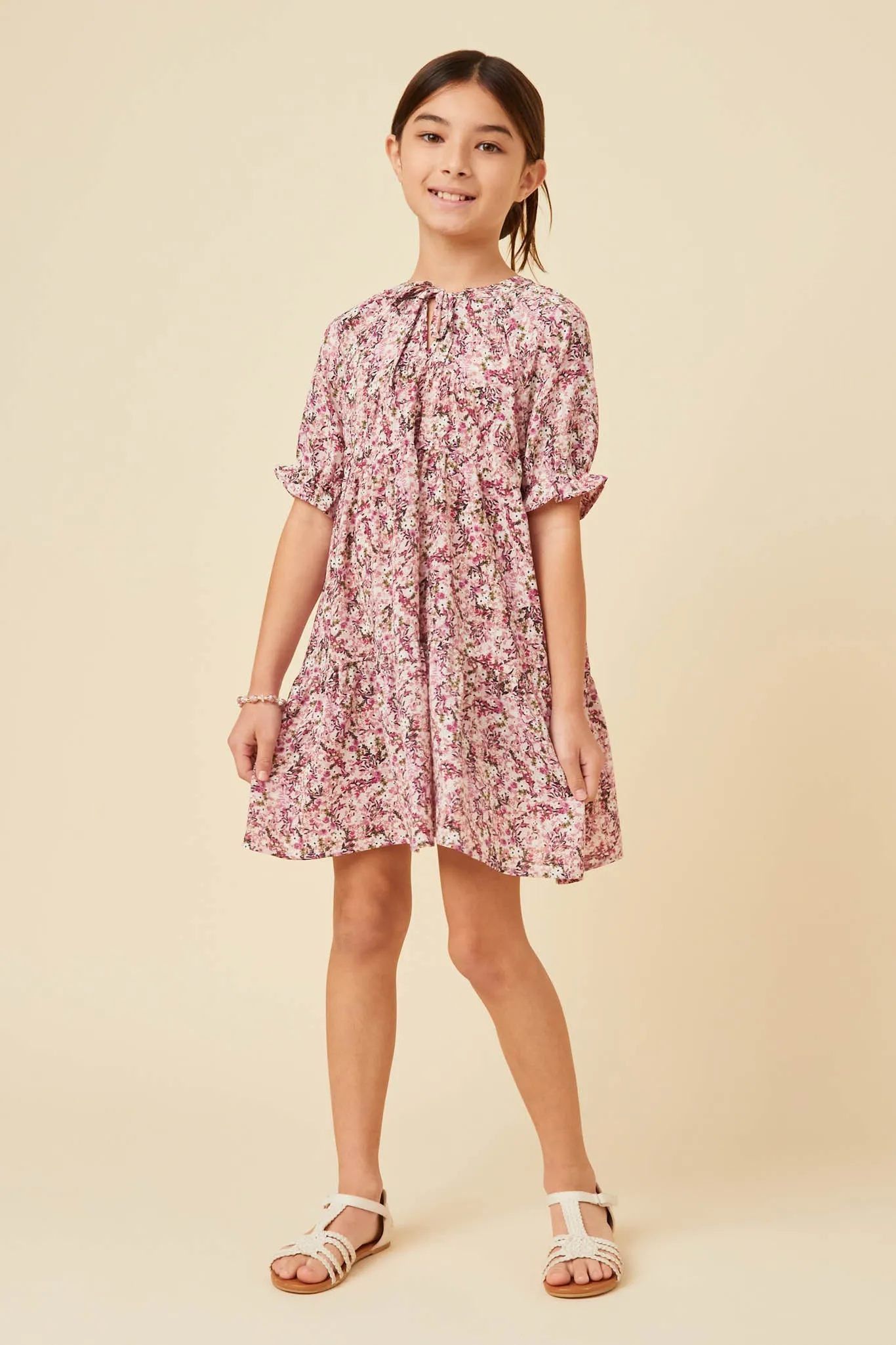 Floral Print Tie Neck Cinch Sleeve Dress