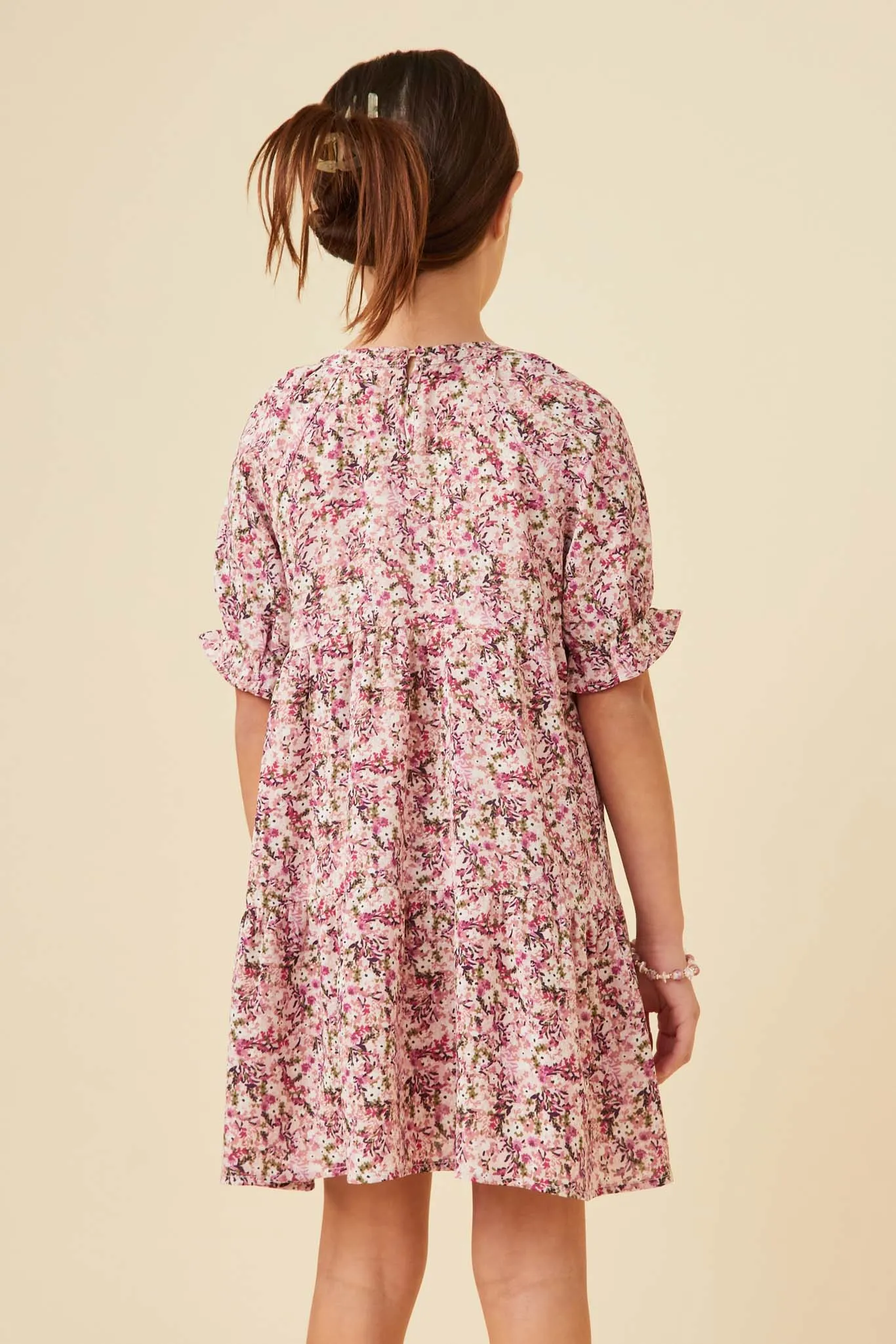 Floral Print Tie Neck Cinch Sleeve Dress