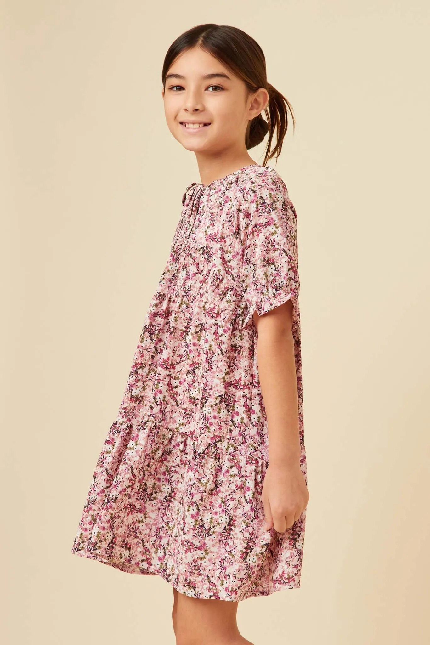 Floral Print Tie Neck Cinch Sleeve Dress