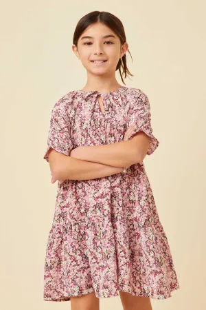 Floral Print Tie Neck Cinch Sleeve Dress