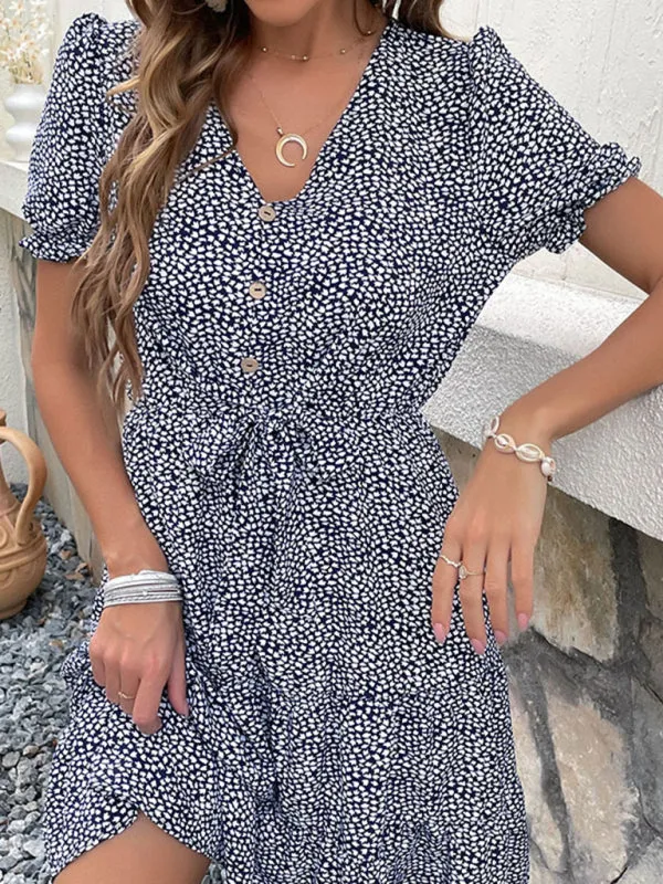 Floral Print V-Neck Dress with Tie Waist and Puff Sleeves