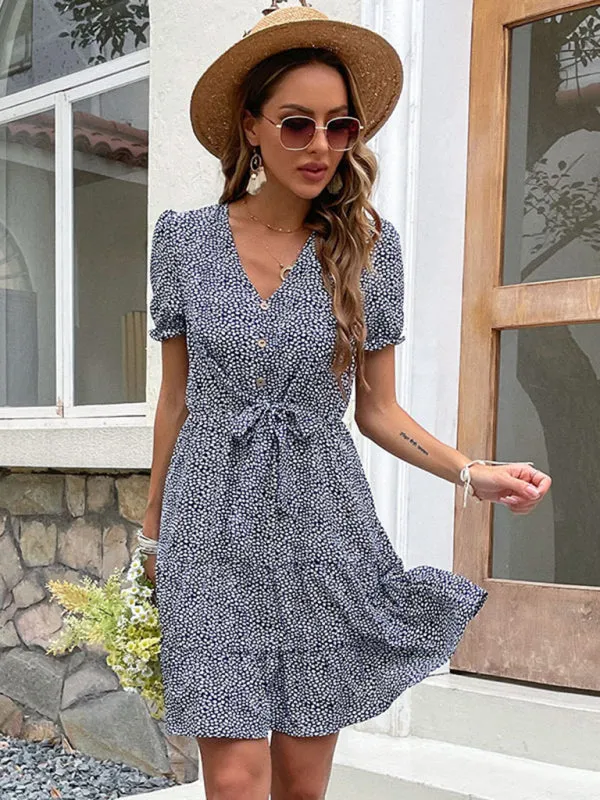 Floral Print V-Neck Dress with Tie Waist and Puff Sleeves