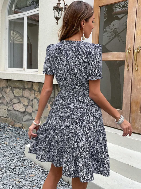 Floral Print V-Neck Dress with Tie Waist and Puff Sleeves