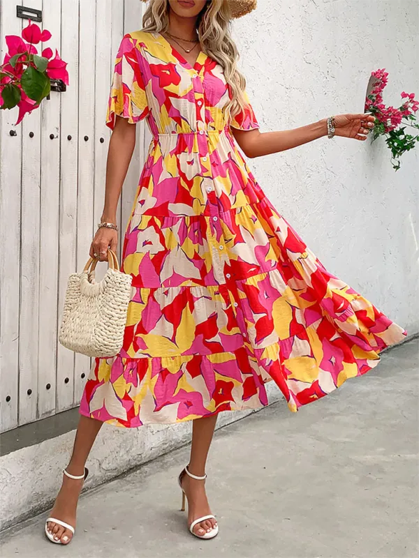 Floral Print V-Neck Midi Dress with Button-Down and Tiered Skirt