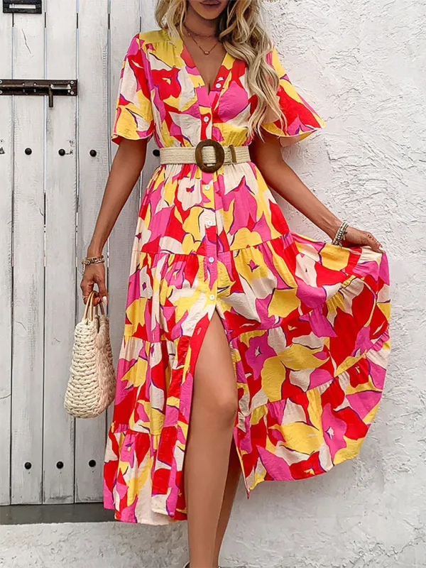 Floral Print V-Neck Midi Dress with Button-Down and Tiered Skirt