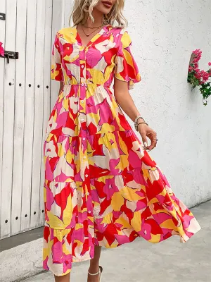 Floral Print V-Neck Midi Dress with Button-Down and Tiered Skirt
