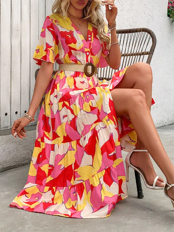 Floral Print V-Neck Midi Dress with Button-Down and Tiered Skirt