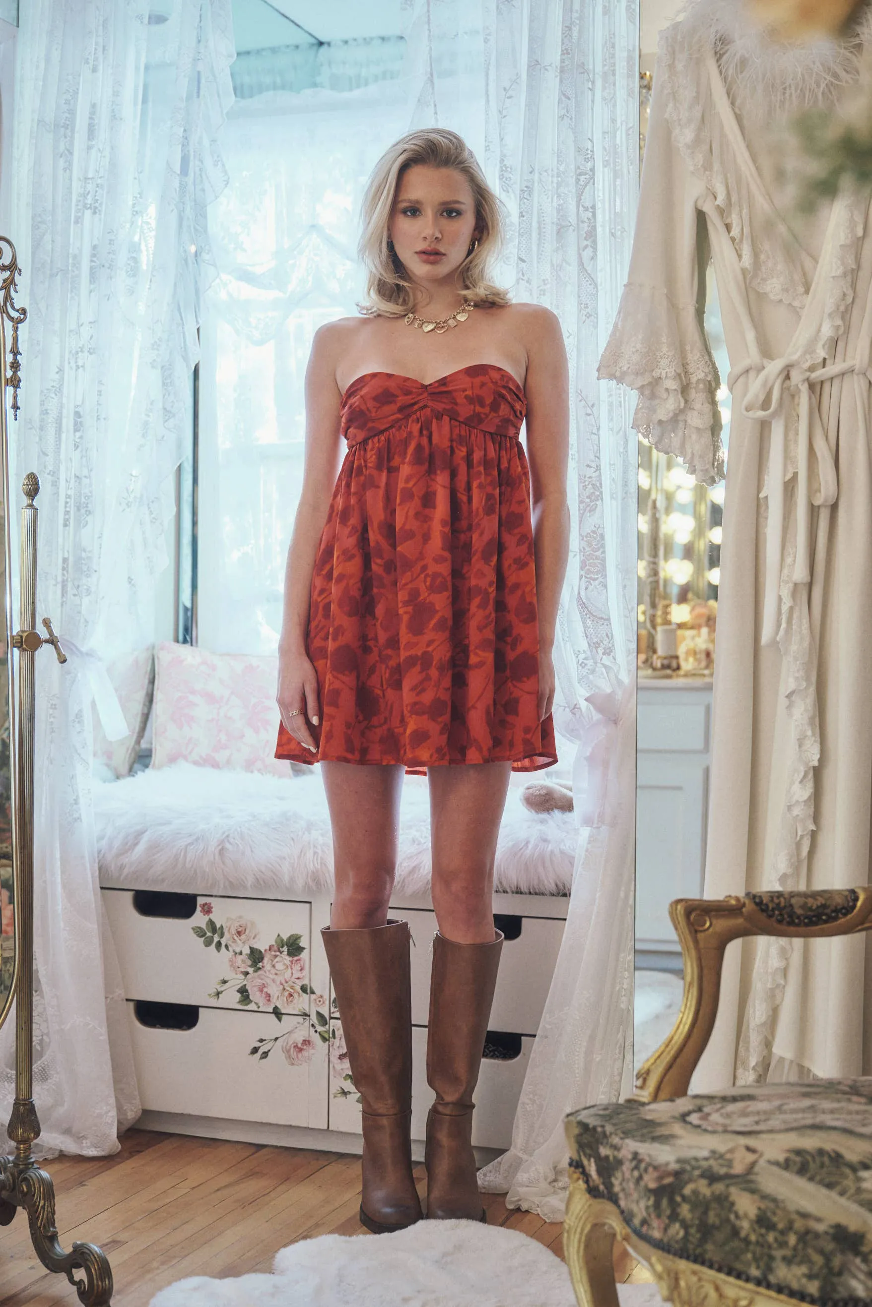 FLORAL PRINTED STRAPLESS BABYDOLL MINI DRESS