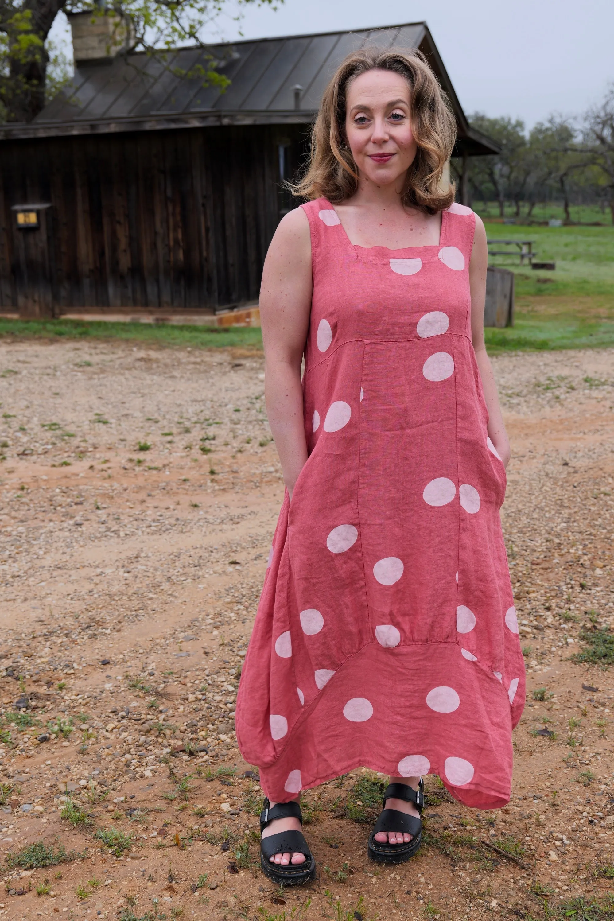 French Linen Dress - Polka Dot Rose