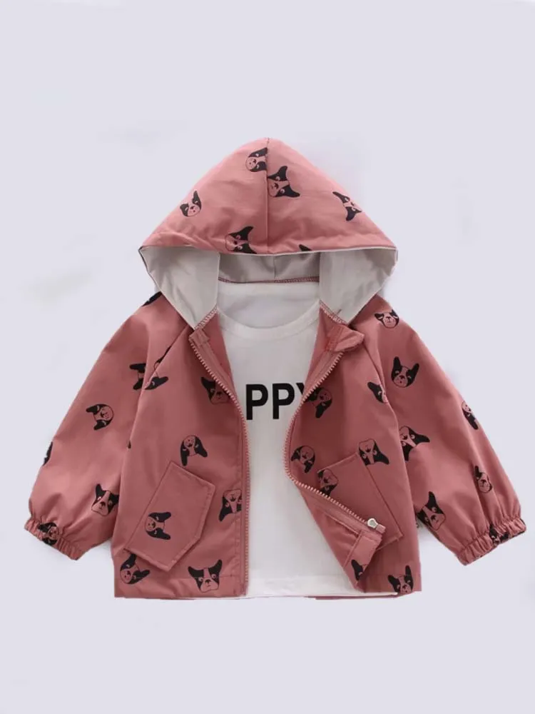 Frenchie Dog Print Baby and Childrens Hooded Jacket - Red 12M to 5Y