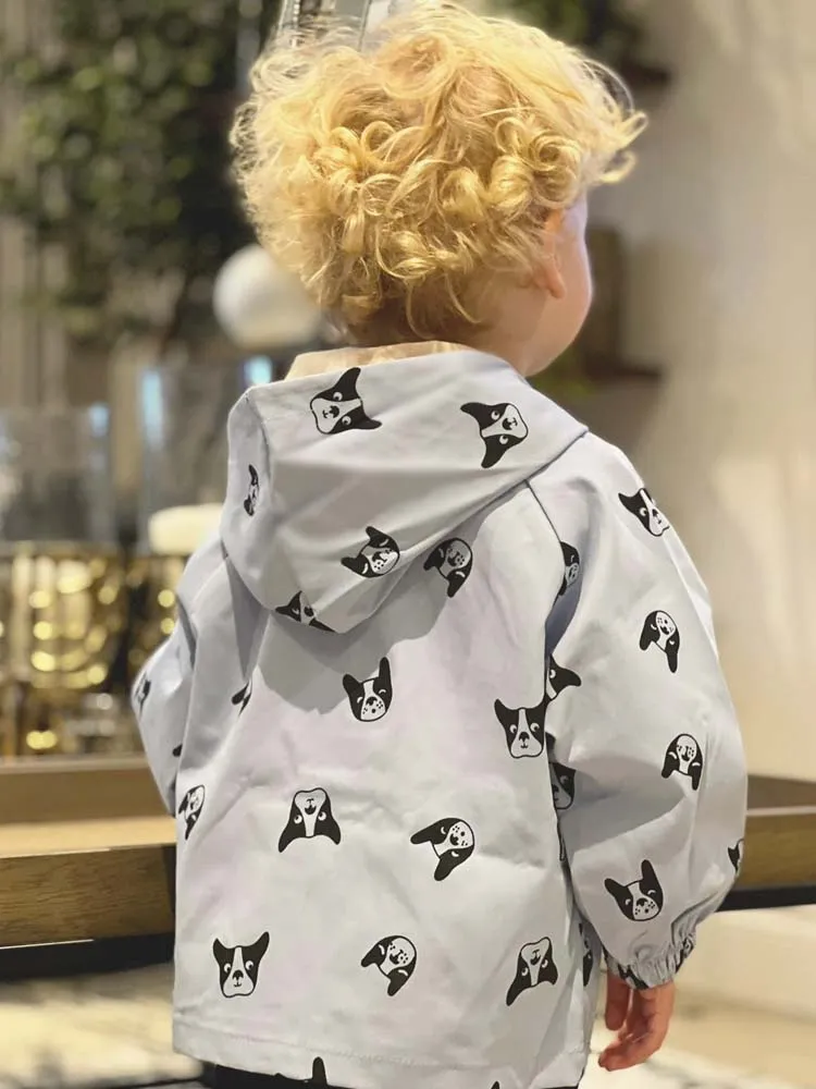 Frenchie Dog Print Baby and Childrens Hooded Jacket - Red 12M to 5Y