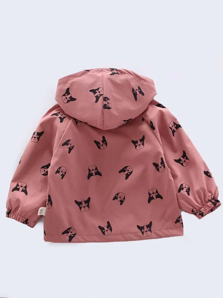 Frenchie Dog Print Baby and Childrens Hooded Jacket - Red 12M to 5Y