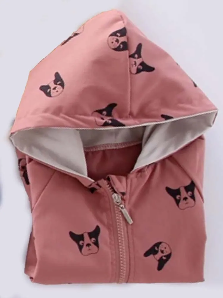 Frenchie Dog Print Baby and Childrens Hooded Jacket - Red 12M to 5Y