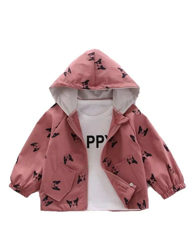 Frenchie Dog Print Baby and Childrens Hooded Jacket - Red 12M to 5Y