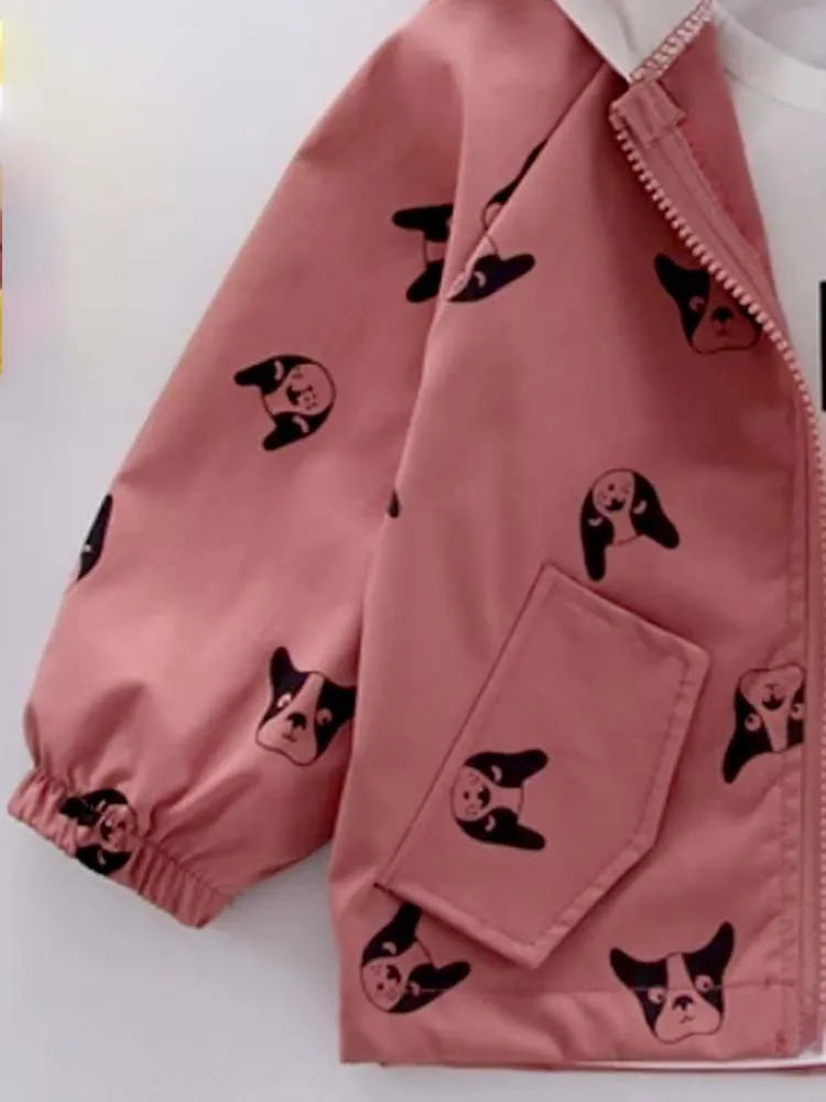 Frenchie Dog Print Baby and Childrens Hooded Jacket - Red 12M to 5Y