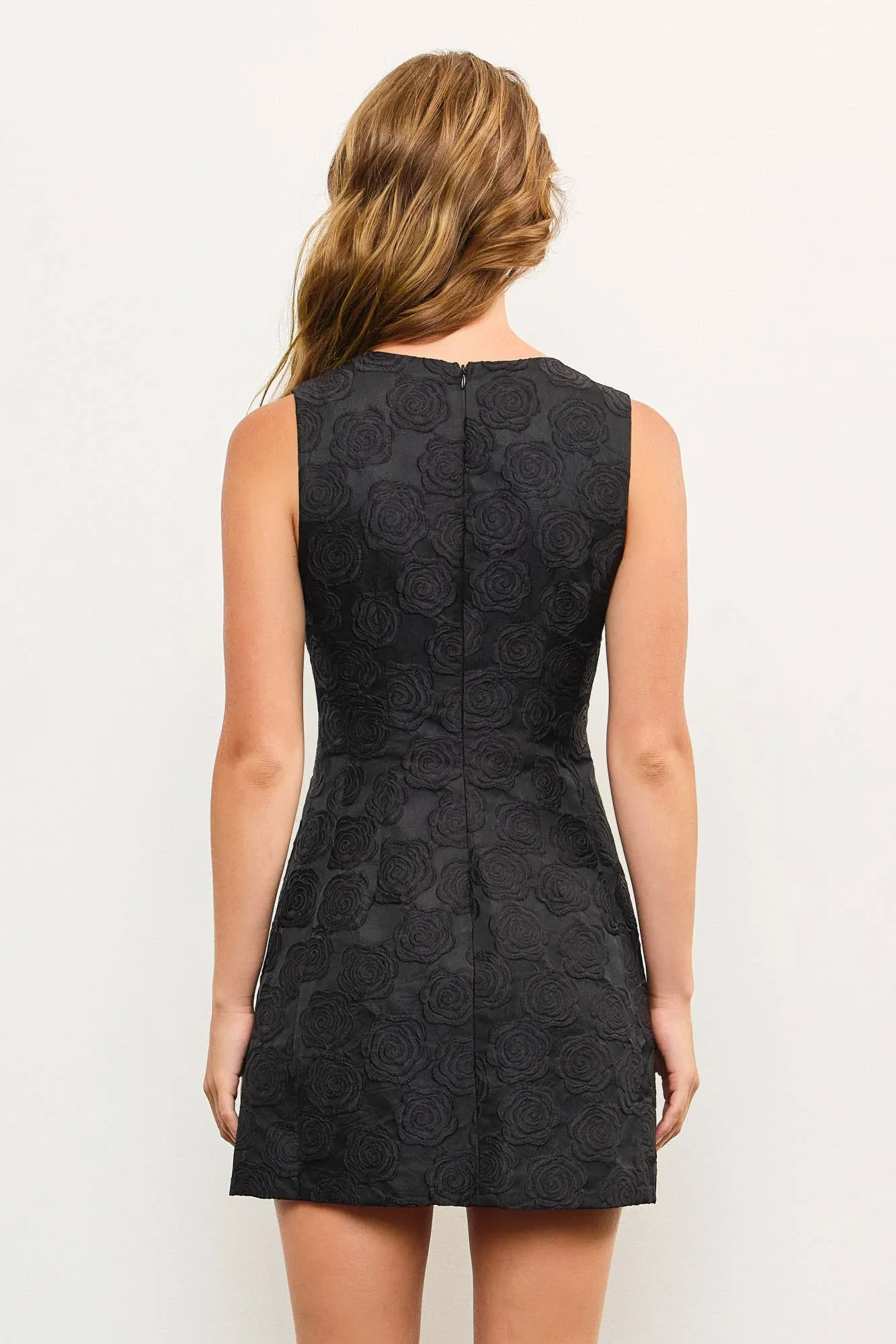 FRONT BOW DETAILED JACQUARD FLORAL SLEEVELESS DRESS
