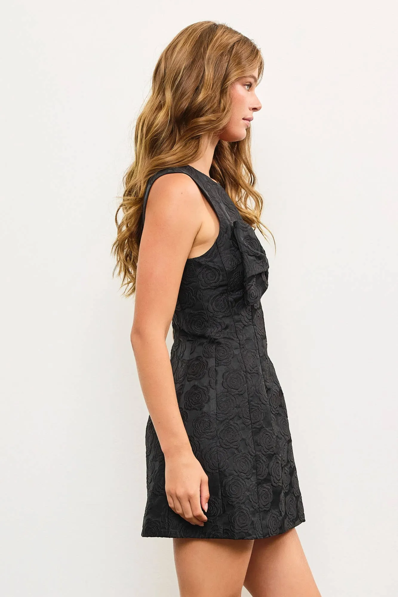 FRONT BOW DETAILED JACQUARD FLORAL SLEEVELESS DRESS