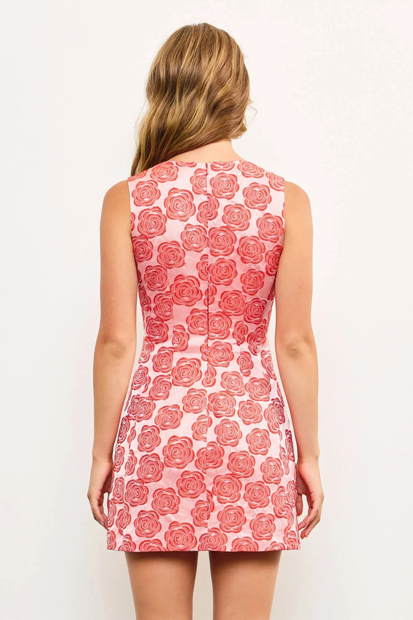 FRONT BOW DETAILED JACQUARD FLORAL SLEEVELESS DRESS