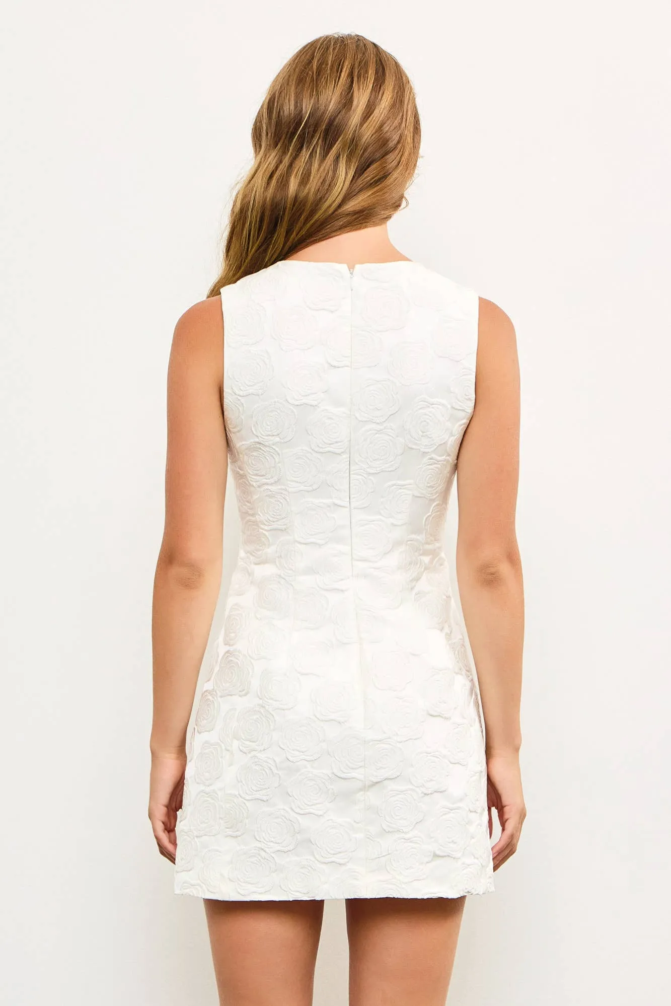 FRONT BOW DETAILED JACQUARD FLORAL SLEEVELESS DRESS