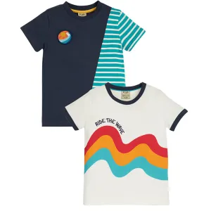 Frugi Kids Busby T-shirts - 2 Pack - Camper Blue Breton/Wave (Last one! 5-6y)