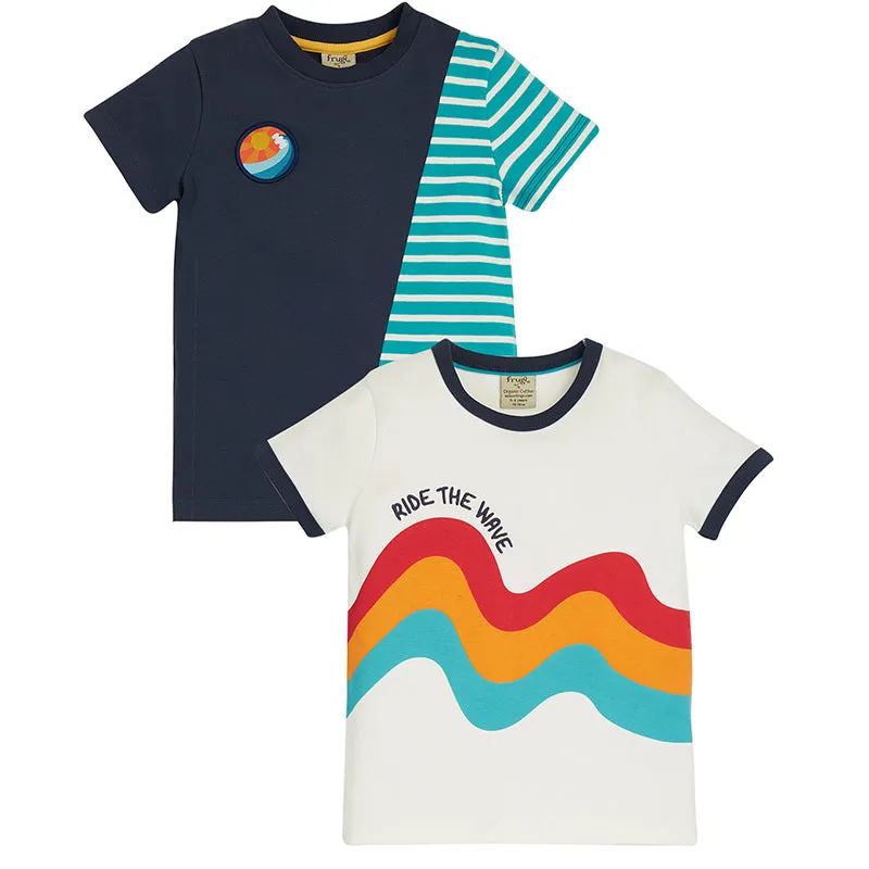 Frugi Kids Busby T-shirts - 2 Pack - Camper Blue Breton/Wave (Last one! 5-6y)