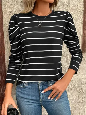 Full Size Striped Round Neck Puff Sleeve T-Shirt for Women