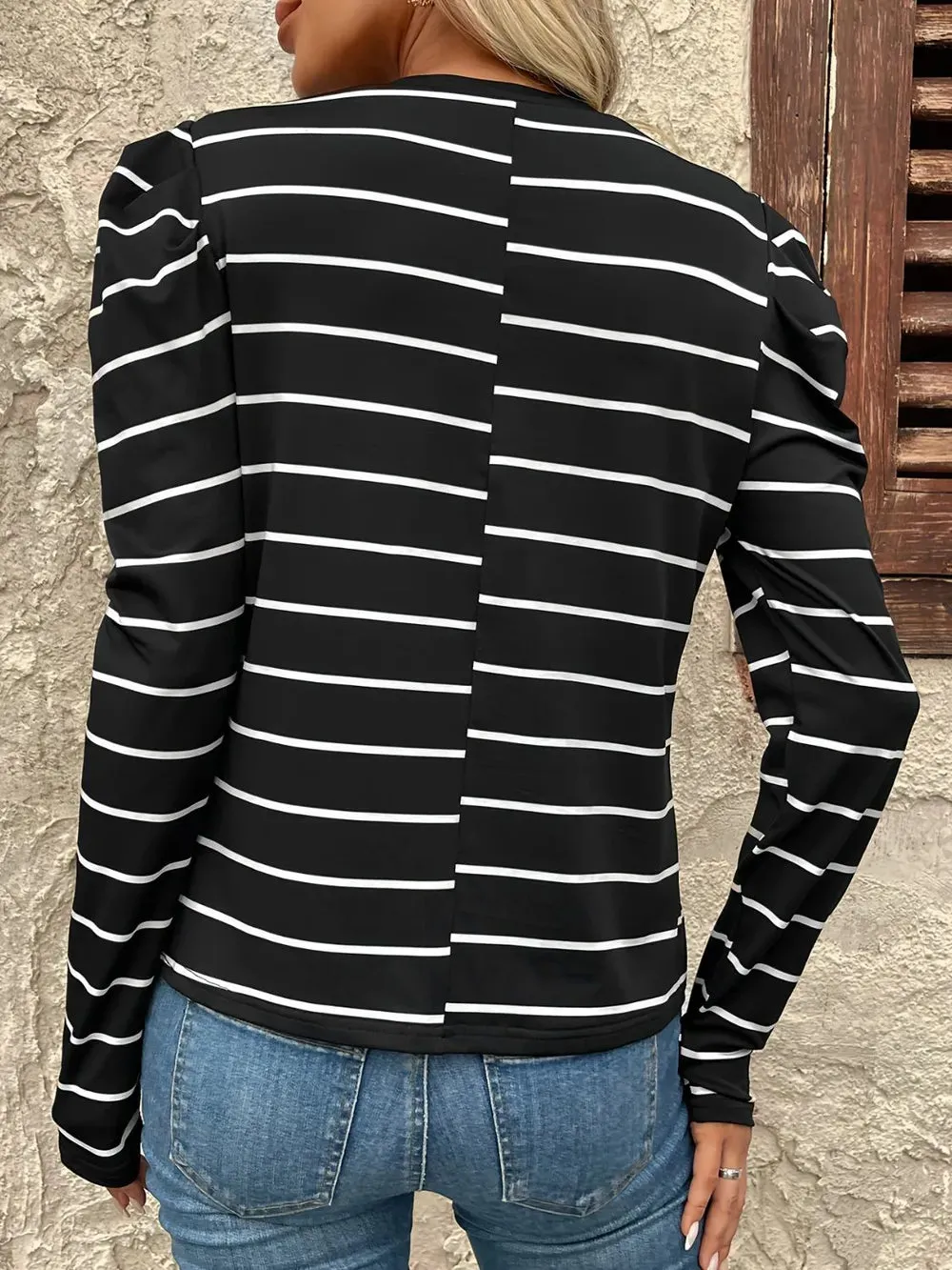 Full Size Striped Round Neck Puff Sleeve T-Shirt for Women