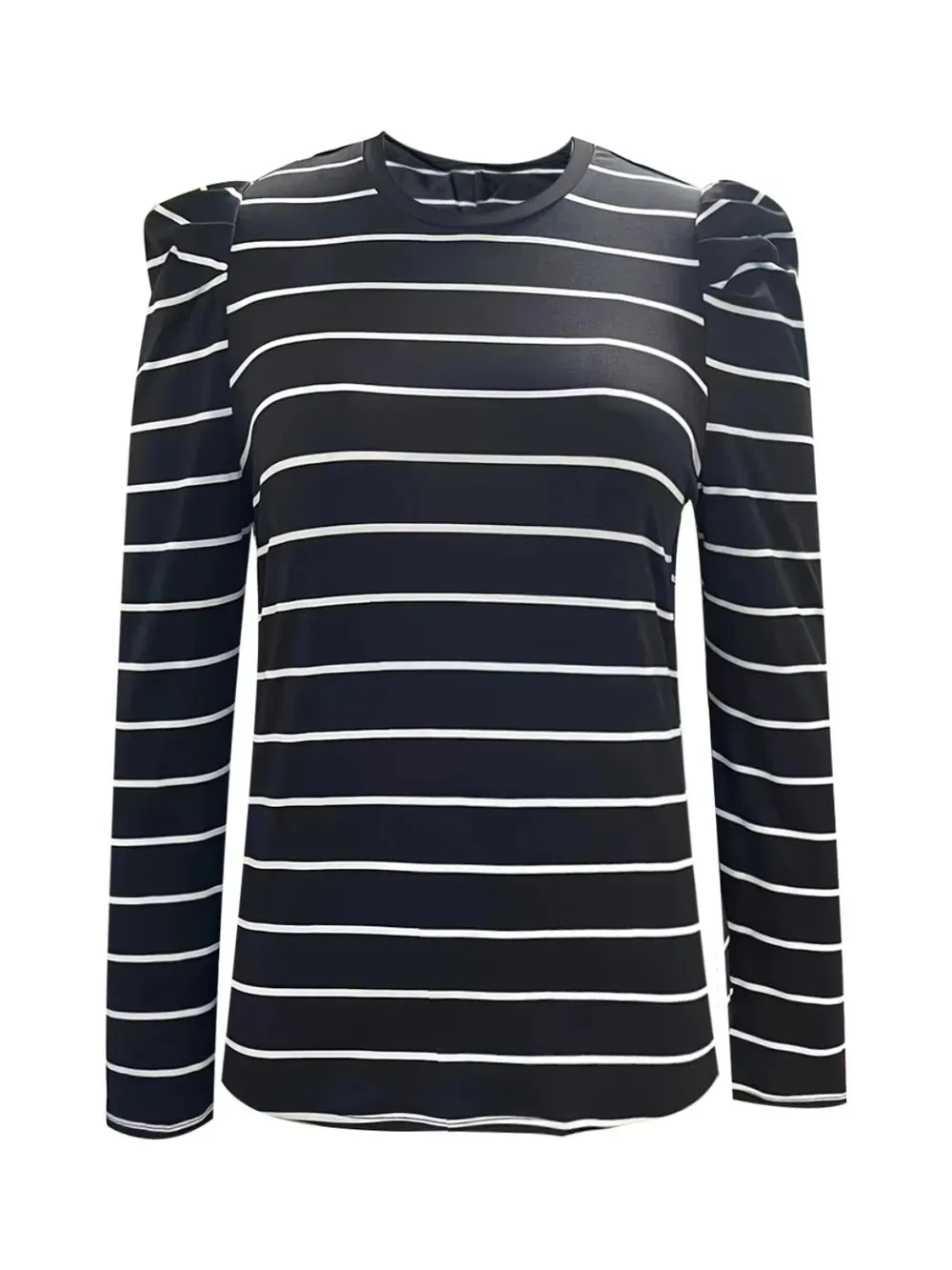Full Size Striped Round Neck Puff Sleeve T-Shirt for Women