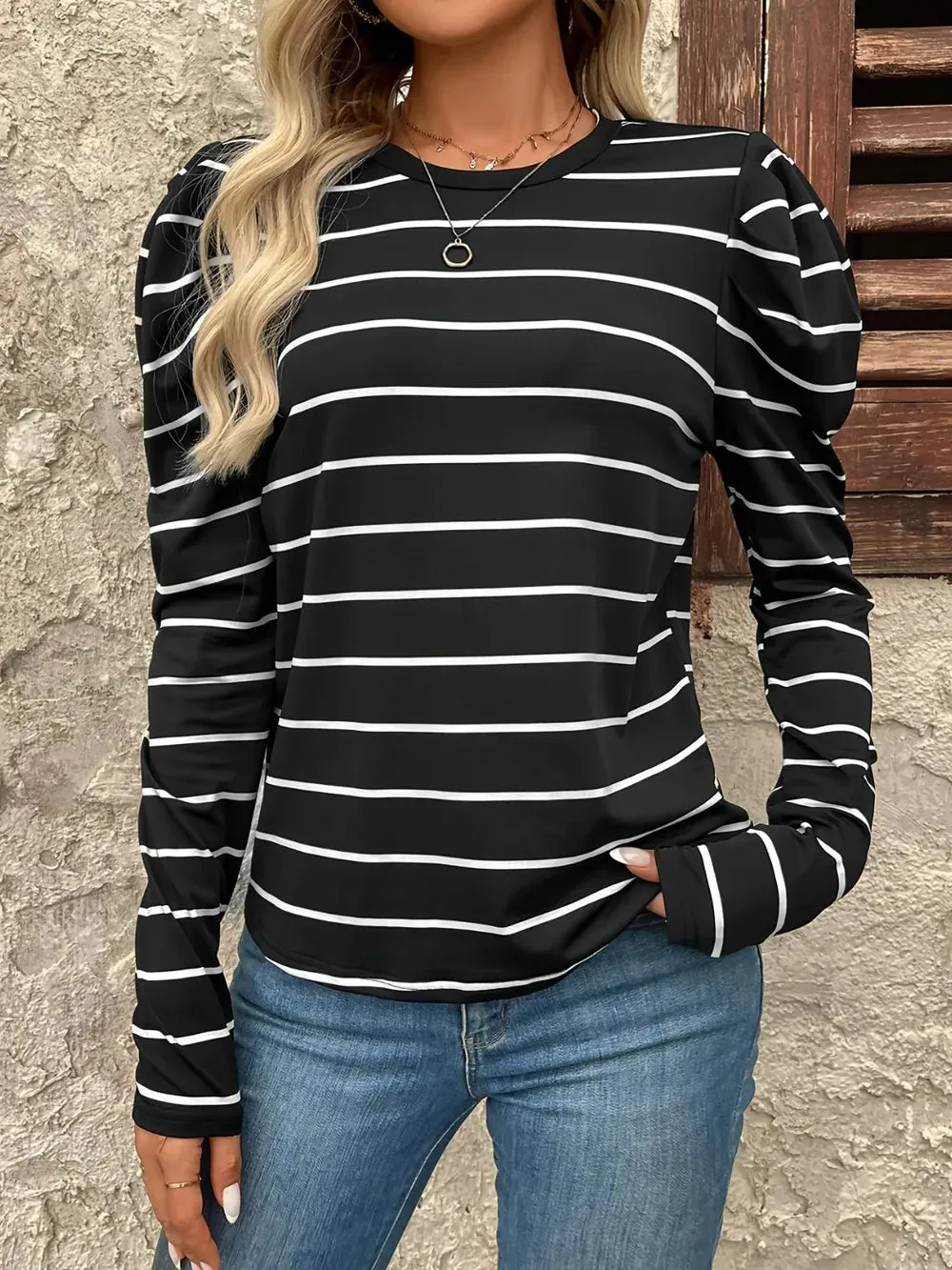 Full Size Striped Round Neck Puff Sleeve T-Shirt for Women