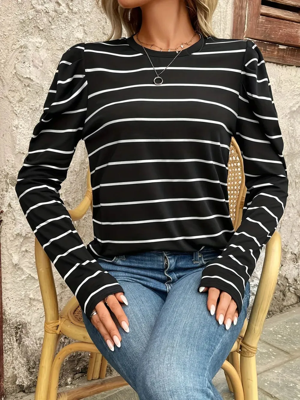 Full Size Striped Round Neck Puff Sleeve T-Shirt for Women