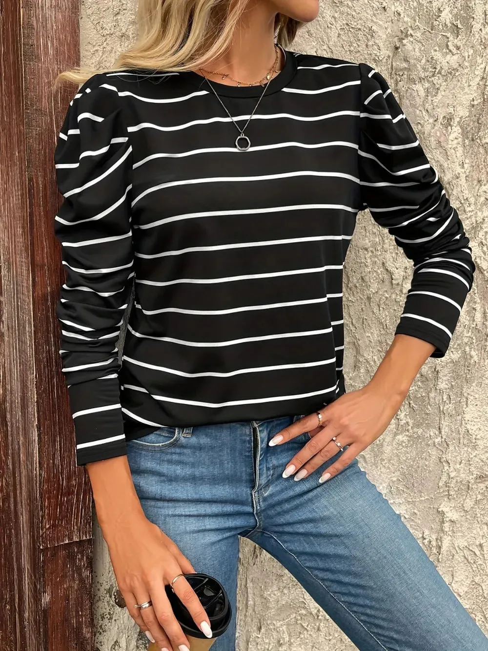 Full Size Striped Round Neck Puff Sleeve T-Shirt for Women