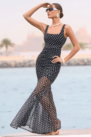 Galaxia | Black & White Polka Dot Maxi Dress With Mesh Skirt