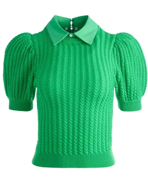 Garden Green Cable Puff Sleeve Sweater
