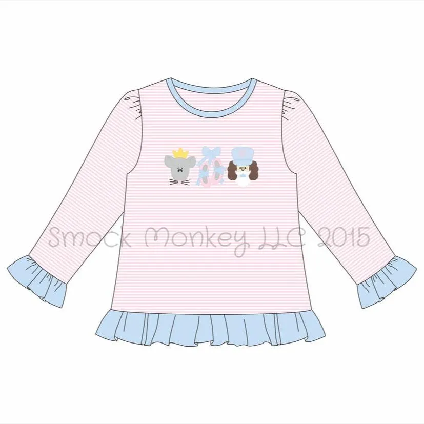 Girl's applique "NUTCRACKER FRIENDS" pink striped long sleeve ruffle shirt (12m,18m,2t,3t,4t,5t,6t,7t,8t,12t)