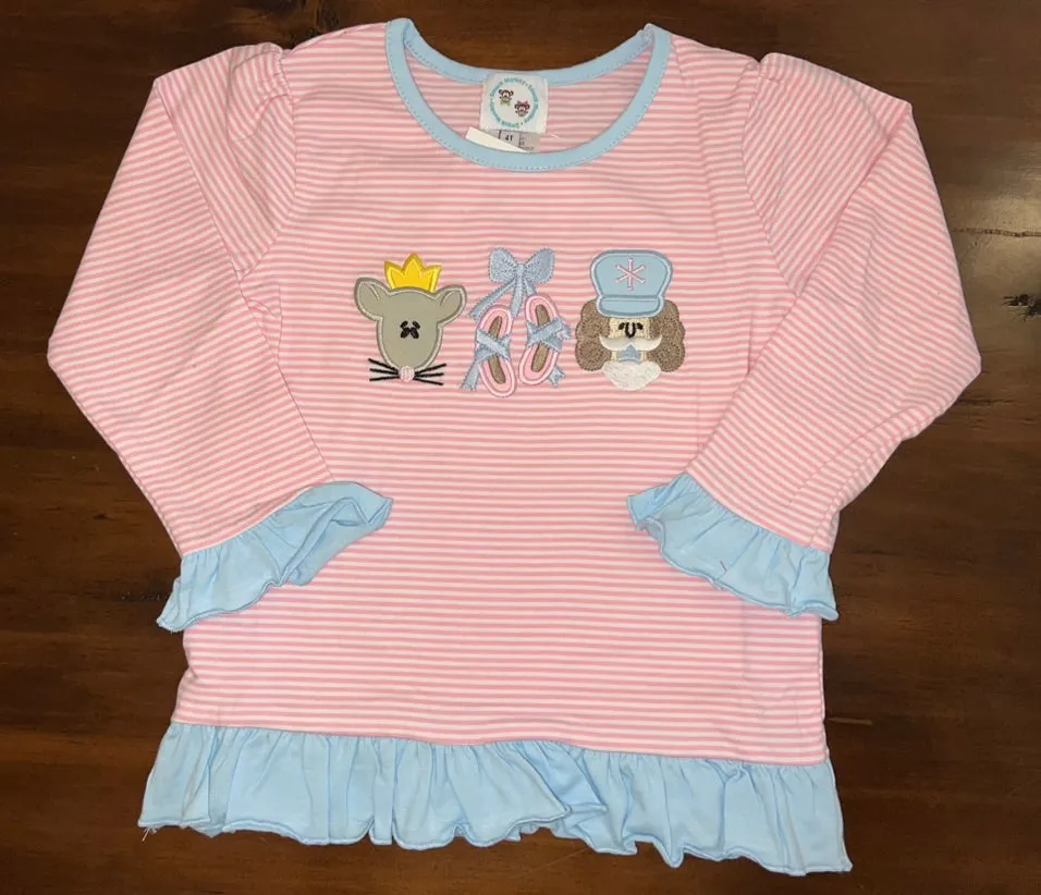 Girl's applique "NUTCRACKER FRIENDS" pink striped long sleeve ruffle shirt (12m,18m,2t,3t,4t,5t,6t,7t,8t,12t)