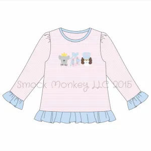 Girl's applique "NUTCRACKER FRIENDS" pink striped long sleeve ruffle shirt (12m,18m,2t,3t,4t,5t,6t,7t,8t,12t)