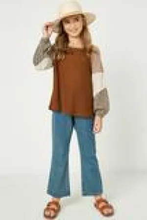 Girls Contrast Woven Sleeve Top