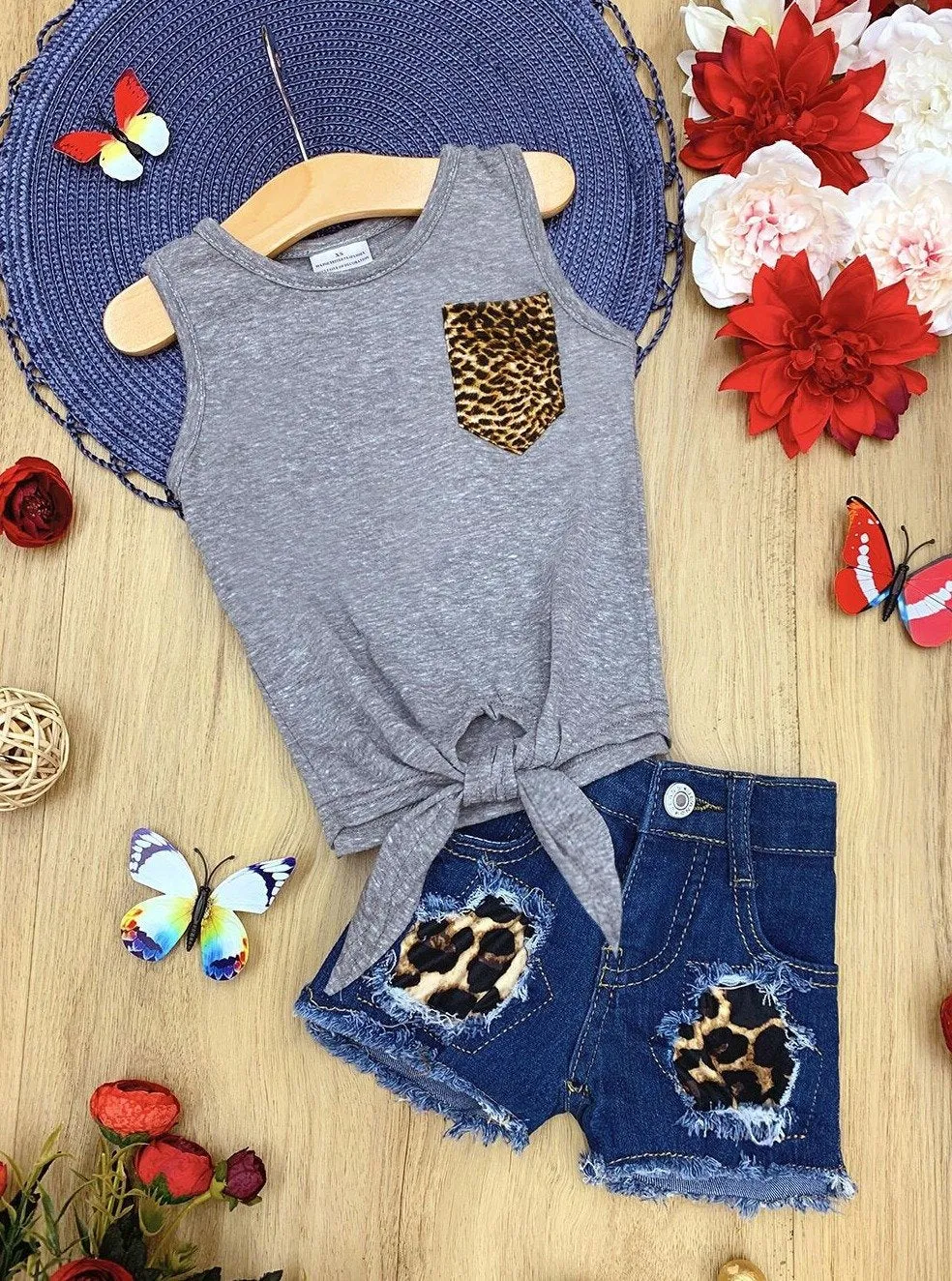Girls Cool Leopard Top and Denim Shorts Set