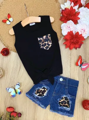 Girls Cool Leopard Top and Denim Shorts Set